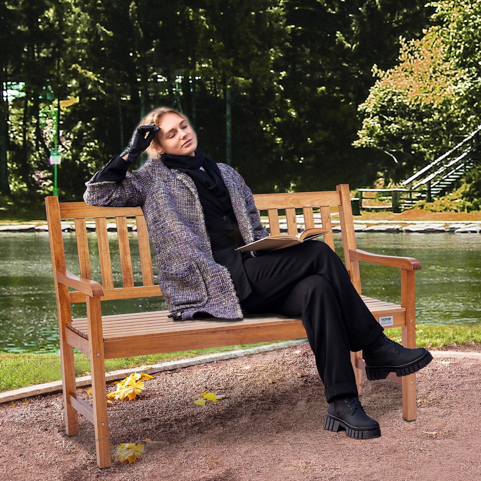 Outdoor Bench, 50 Inches Wood Garden Bench For Outdoors, Outdoor Garden Park Bench With Backrest And Armrests, 800 Lbs Load Capacity Bench, Patio Bench For Garden, Park, Yard, Front Porch