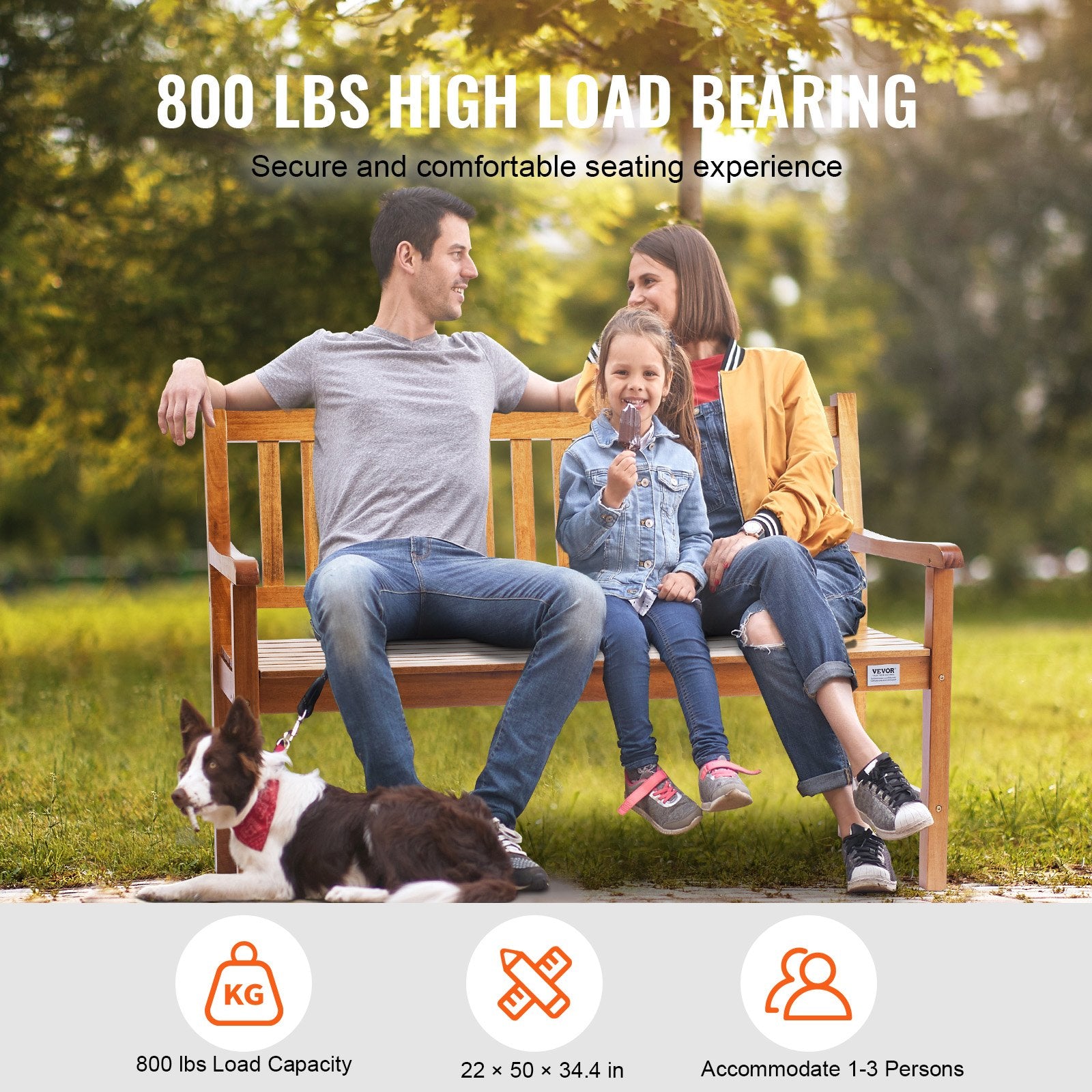 Outdoor Bench, 50 Inches Wood Garden Bench For Outdoors, Outdoor Garden Park Bench With Backrest And Armrests, 800 Lbs Load Capacity Bench, Patio Bench For Garden, Park, Yard, Front Porch